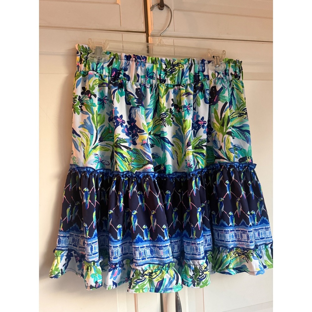 Lilly Pulitzer Tiered Mini Skirt Blue Green Tropical Parrot Floral Large - Picture 3 of 9